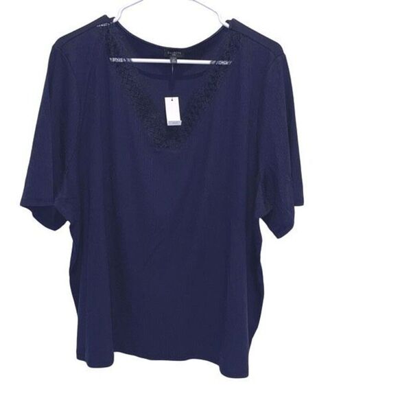 Talbots Ribbed V-Neck Lace Detail Short Sleeve Top Navy NWT Size 3X - Picture 1 of 7